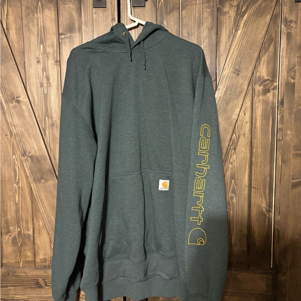 Carhartt Men's Dark Green Hoodie with Yellow Logo